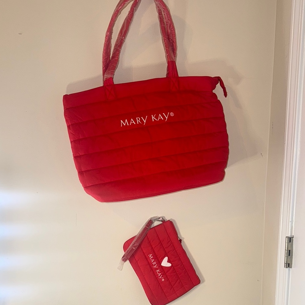 Red Quilted Tote Bag w/ Cosmetic bag
